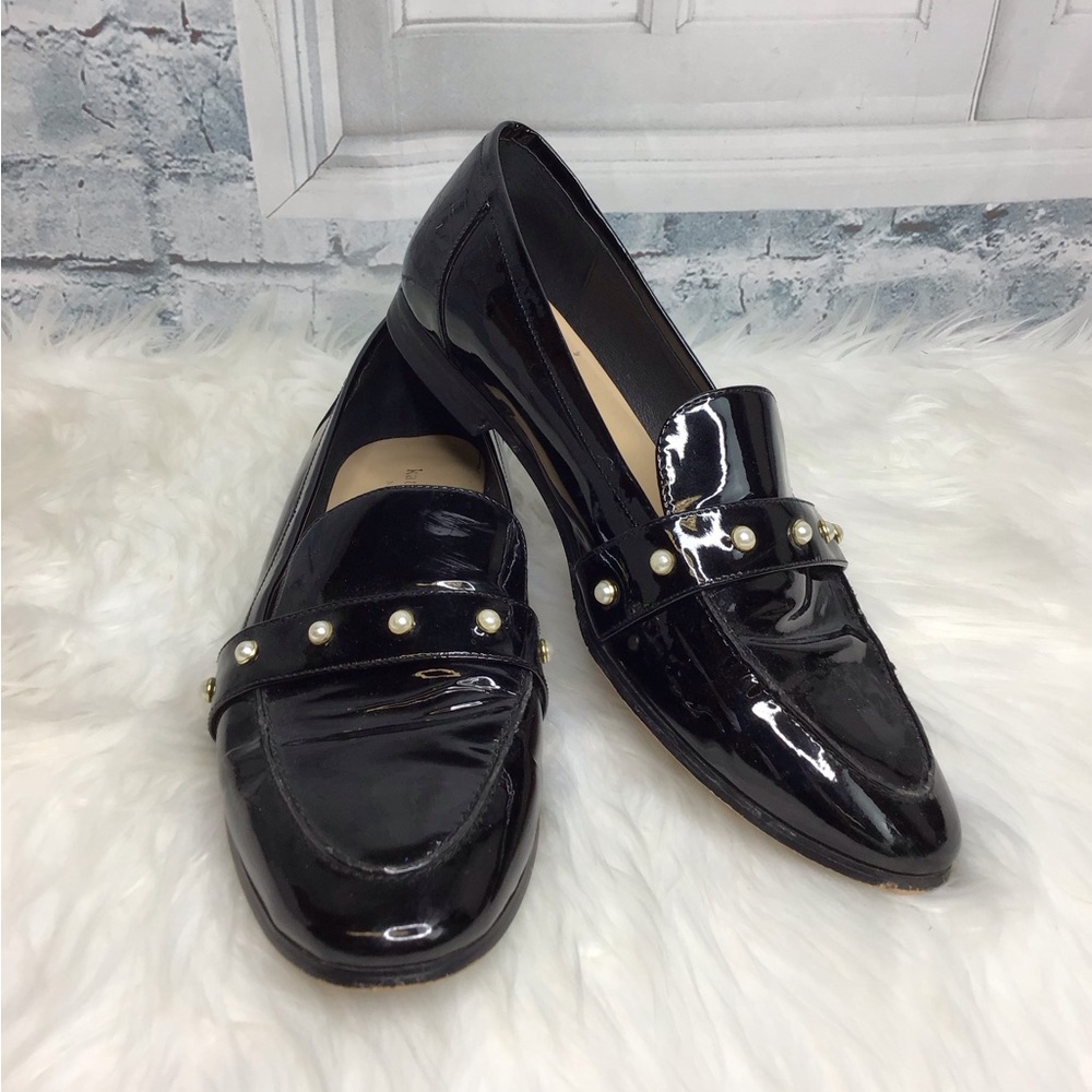 Kate Spade Black Patent Leather Loafers with Pearl Accents